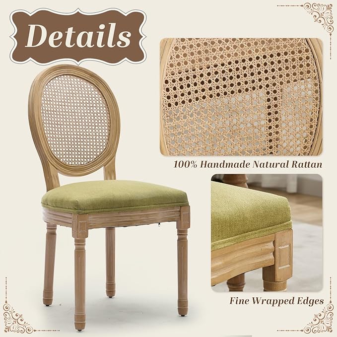 SoarFlash French Dining Chairs Set of 4, Vantage Dining Chair with Round Back, Wood Leg Farmhouse Country Rattan Dining Chair for Kitchen,Bedroom,Olive Green