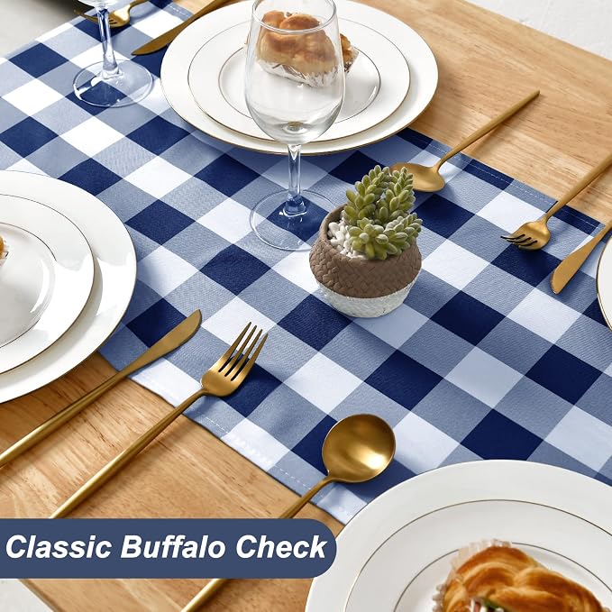Buffalo Plaid Table Runner Navy Blue and White 14W x 72L, 1 Piece | Waterproof - Image 2