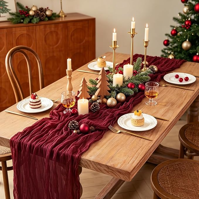 3Pcs Burgundy Table Runner, 10FT Boho Rustic Burgundy Maroon Table Runner - Image 3