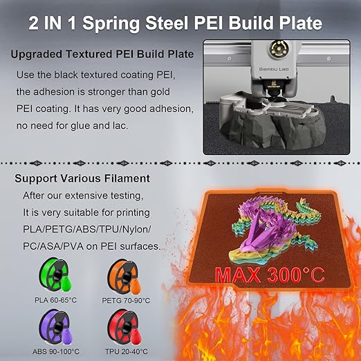Double Sided Black PEI Build Plate for Bambu Lab X1/X1C/X1E/P1P/P1S/P2S/A1, Flexible Spring Steel Sheet for Bambu Lab 3D Printers Platform 257x257mm