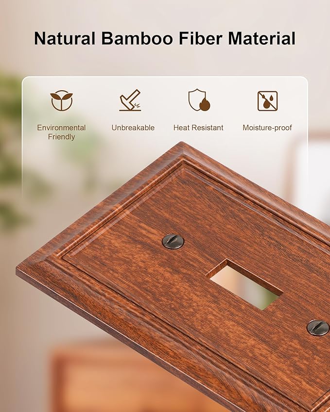 4-Pack Single Toggle Light Switch Cover Plate, Durable Natural Bamboo Fiber Decorative Switch Plate Covers, Wood Grain 1 Gang Wall Plate, Corrosion Resistant