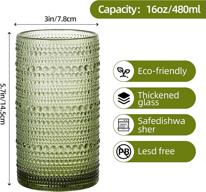 16oz Hobnail Drinking Glasses Set of 6, Vintage Large Capacity Embossed Green - Image 2