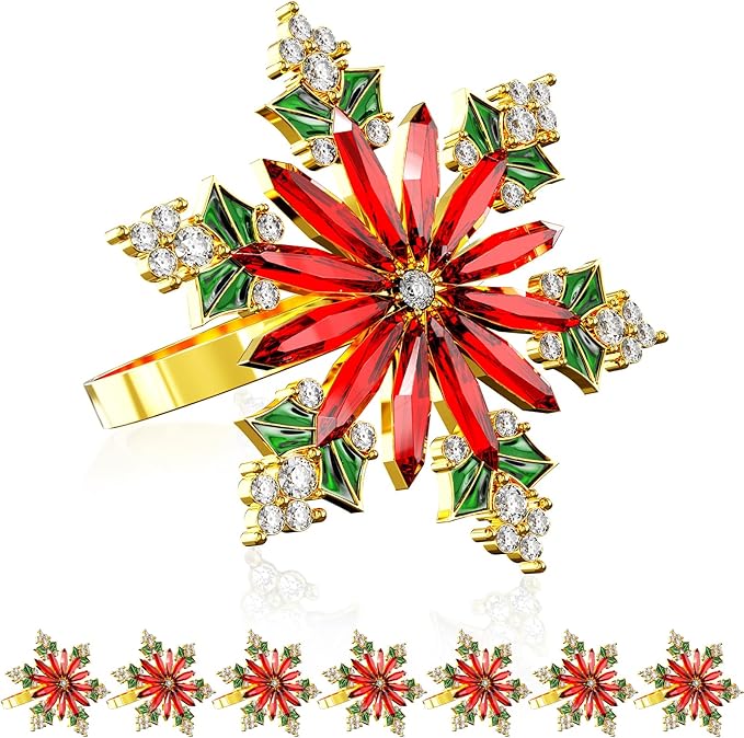ZeeDix Christmas Crystal Snowflake Napkin Rings Set of 8- Rustic Dinner Tables Setting Decoration for Wedding Receptions, Christmas Holiday Party Dinner Parties