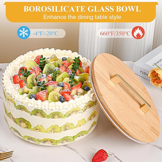 Glass Trifle Bowl with Airtight Lid, 155oz Large Salad Bowl, Glass Serving Bowl for Popcorn, Cake, Salad, Fruit, Baking, Dessert and Party Diy, BPA Free, Oven, Dishwasher Safe