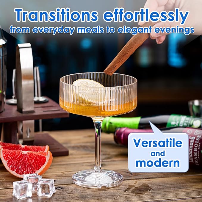 20Pcs Acrylic Martini Glasses, 10oz Shatterproof Plastic Champagne Tower, Unbreakable Ribbed Coupe Glasses, Art Deco Stem Cocktail Glassware Set, Manhattan Goblet for Wedding Birthday Party