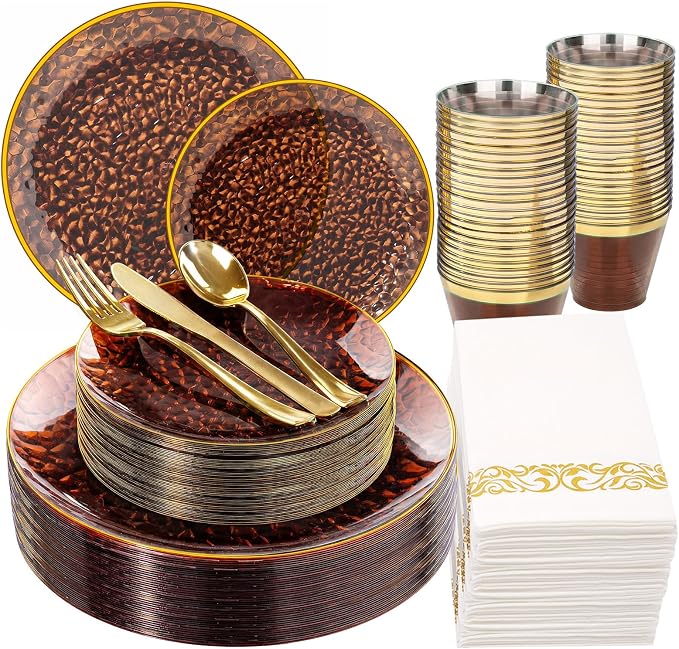 Rubtlamp 175 Pcs Plastic Dinnerware Set, Amber And Gold Plastic Plates by Rubtlamp