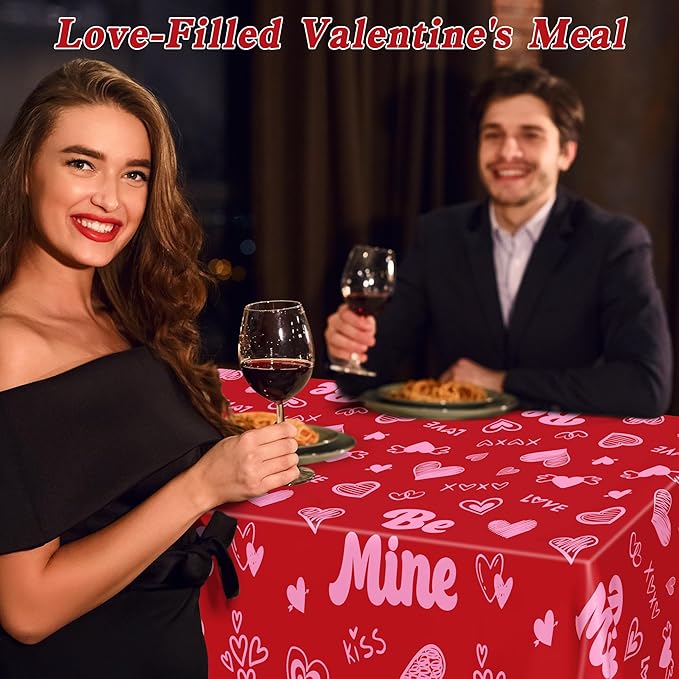 QZYL 6 Pcs Valentines Tablecloth, 54" X 108" Pink Love Heart Plastic Table Cover, Valentines Disposable Rectangle Table Cloth, Valentine's Decorations for Love Wedding Engagement Anniversary Party
