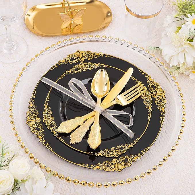 Hioasis 210pcs Black and gold Plates - Black Party Plates for 30 Guest, Include 60 Heavy-duty Plates(20% Thicker Than Standard), 30 Pre Rolled gold Plastic goldware Set, 30 Cups