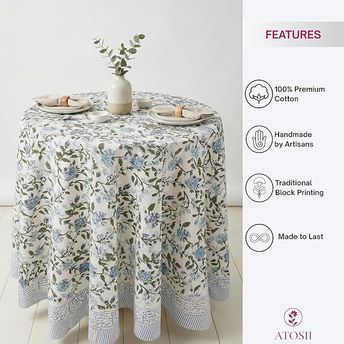 ATOSII Mahoka Blue 100% Cotton Round Tablecloth, Block Print Floral Table Cloth for Dining, Parties, Weddings, Outdoors, Holidays I 72" Inches, 4 Seater I Grandmillennial Farmhouse Boho Summer