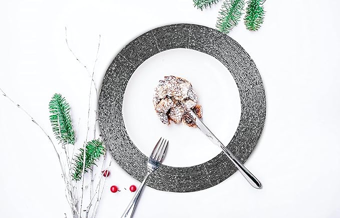 Lightnpro Beaded Placemats Set of 4 - Round Table Chargers - Handmade Rustic Glam Dining Table Mats - Elegant Silver Decorative Placemats for Holidays, Parties & Special Events - 13 Inch Mercury