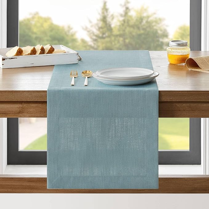 Linen Textured Border Table Runner, 14 x 90 Inch Blue | Mitered Corner Design by ZEEMARTONLINE