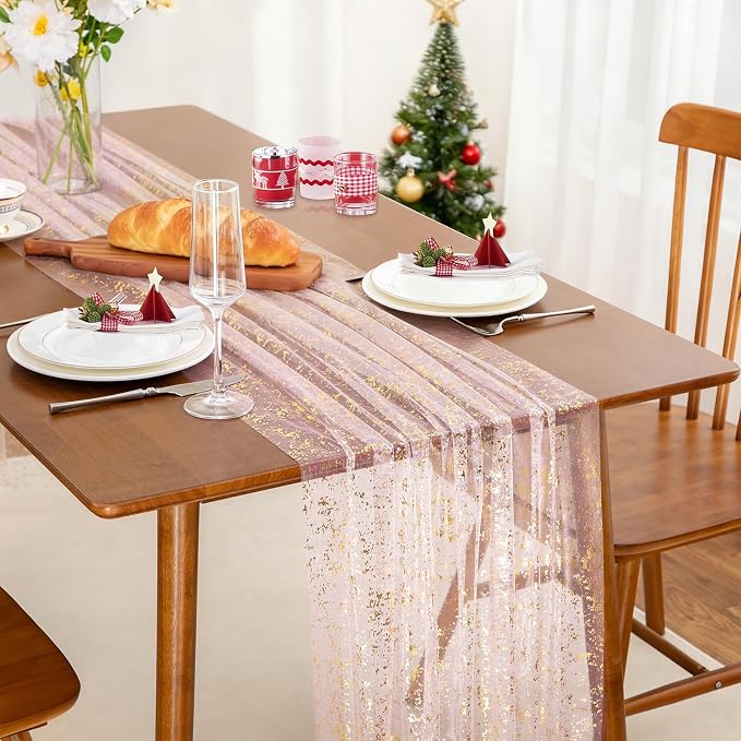 SiinvdaBZX Light Pink Sheer Tulle Table Runner 120 Inch/10 Ft Long | Gauze - Image 2