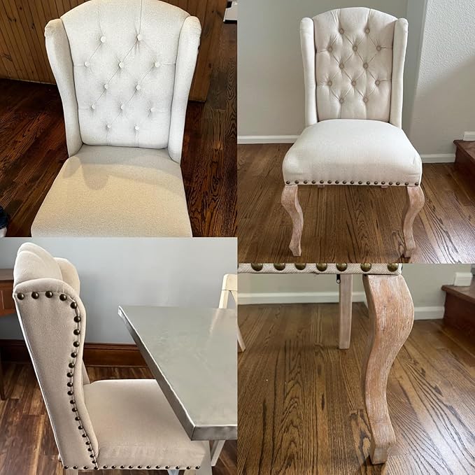 chairus Tufted Parsons Dining Chairs Set of 4, French Country Upholstered Dining Room Chairs with Nailhead Trim & Curved Wood Legs, Farmhouse High Back Armless Side Kitchen Chairs, Beige Linen