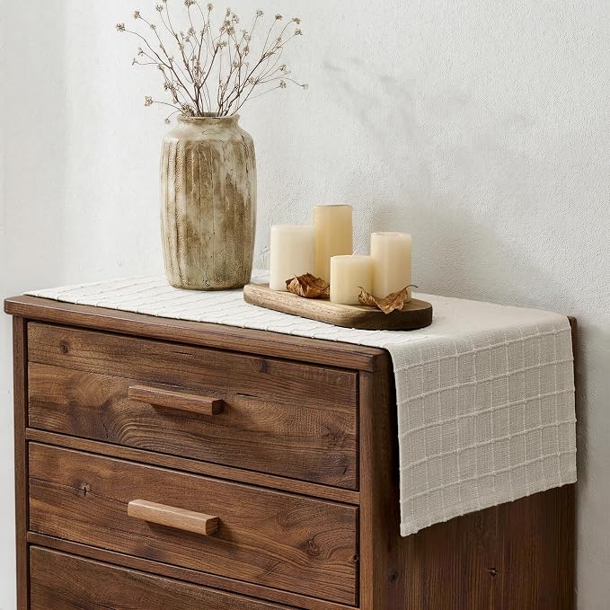 Artisanal Grid Linen Table Runner, 13x36 Inches Ivory | Heavy Textured - Image 3