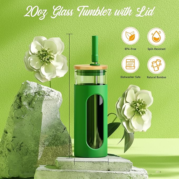 Tronco 20oz Glass Tumbler with Bamboo Lid and Straw, Reusable Iced Coffee Cup for Boba Tea, Smoothies & Cold Drinks, Spill-Proof Glass Cup with Silicone Sleeve, Dishwasher Safe, BPA-Free (Pack of 1)