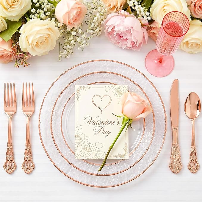 102PCS Rose Gold Plastic Plates - Clear Rose Gold Disposable Plates Include 51PCS 7.5inch Dessert Plate 51PCS 10.25inch Dinner Plate Perfect for Weddings Valentine's Day Parties