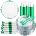 Hioasis 175pcs Clear and Green Plates - Green Party Plates for 25 Guest, Include 50 Heavy-duty Plates(20% Thicker Than Standard), 25 Pre Rolled Gold Plastic Silverware Set, 25 Cups for St. Patrick's D