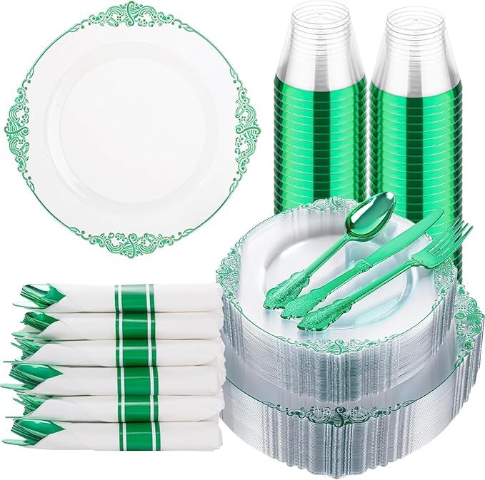 Hioasis 175pcs Clear and Green Plates - Green Party Plates for 25 Guest, Include 50 Heavy-duty Plates(20% Thicker Than Standard), 25 Pre Rolled Gold Plastic Silverware Set, 25 Cups for St. Patrick's D
