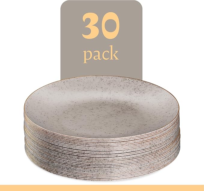PLASTICPRO 30 Pack Disposable Plastic Plates Heavyweight Granite Look Elegant 10 inch Dinner Plates Grey with Gold Rim