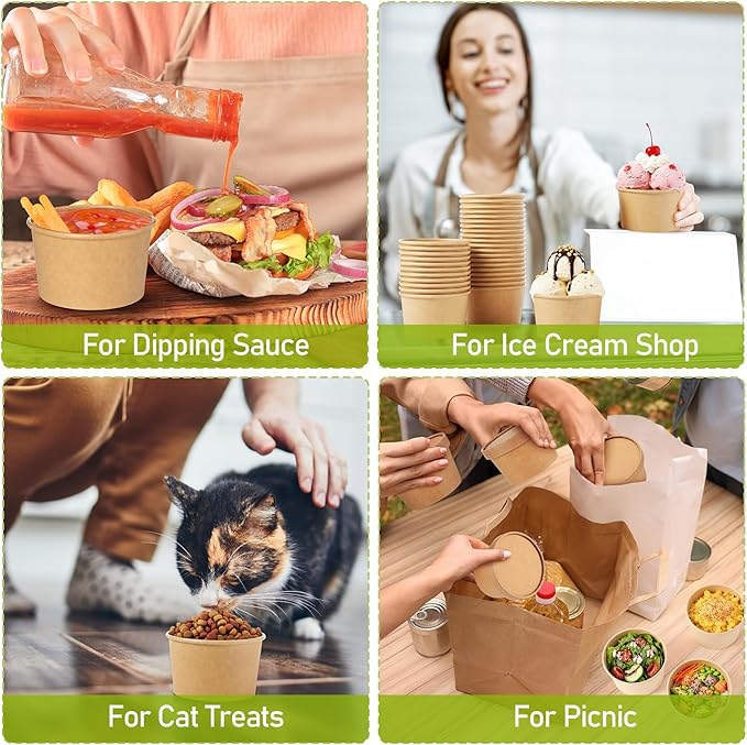 Fulmoon 100 Pack Paper Soup Containers with Lids Disposable Paper Food Containers with Vented Lid Kraft Ice Cream Cake Dessert Cups Soup Bowl for Party Hot Food Fruit Microwave(5 oz,Brown)