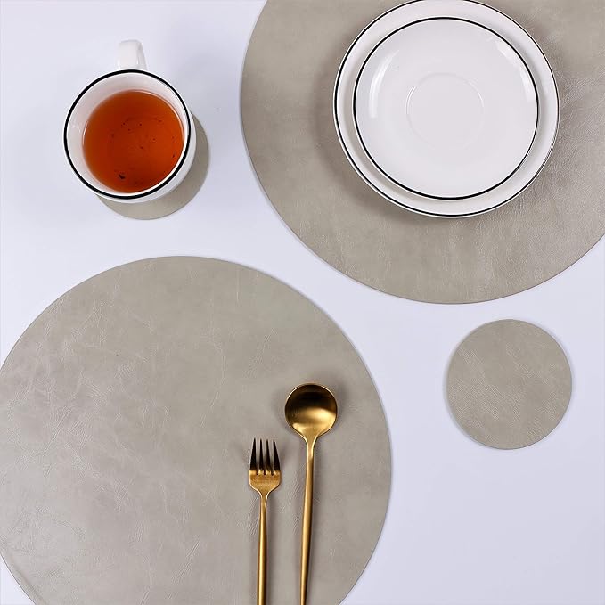 Set of 8 Faux Leather Round Placemats and Coasters, Coffee Mats Kitchen Table Mats, Waterproof, Easy to Clean, for Kitchen Dining Round Table