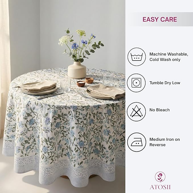ATOSII Mahoka Blue 100% Cotton Round Tablecloth, Block Print Floral Table Cloth for Dining, Parties, Weddings, Outdoors, Holidays I 90" Inches, 6 Seater I Grandmillennial Farmhouse Boho Summer