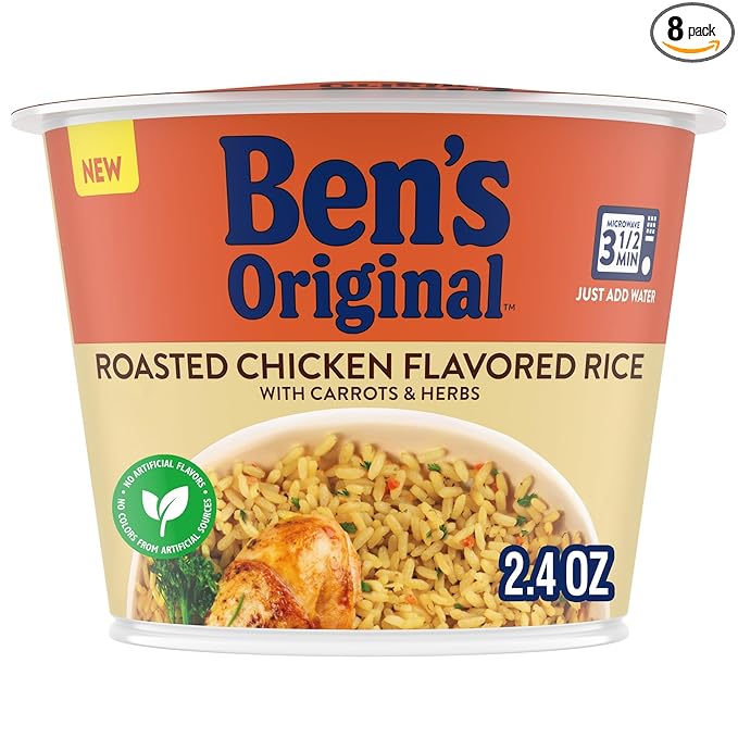BEN'S ORIGINAL Roasted Chicken Flavored Rice Single Serve Cup, Snack or Side, Microwave in 3.5 Minutes, 2.4 oz (Pack of 8)