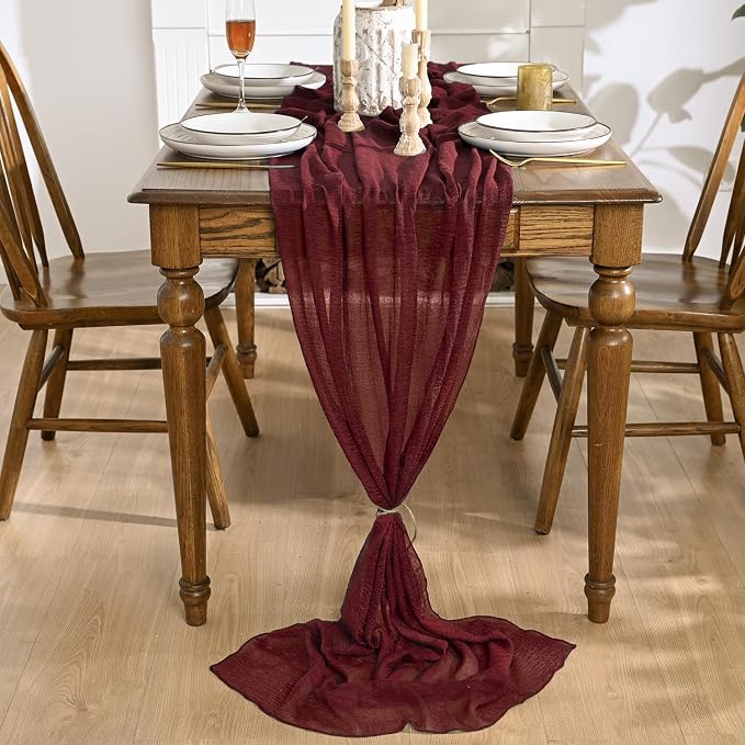 Artoid Mode Boho Cheesecloth Gauze Burgundy Wedding Table Runner, 160 Inch - Image 2