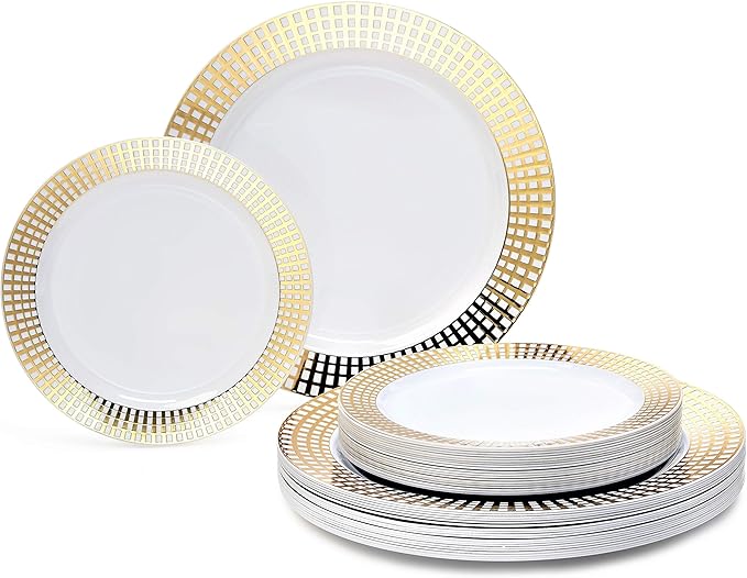 OCCASIONS 120 Plates Pack,(60 Guests) Premium Wedding Party Disposable Plastic Plates Set -60 x 10.25'' Dinner + 60 x 7.5'' Salad/Dessert(Princess White/Gold)