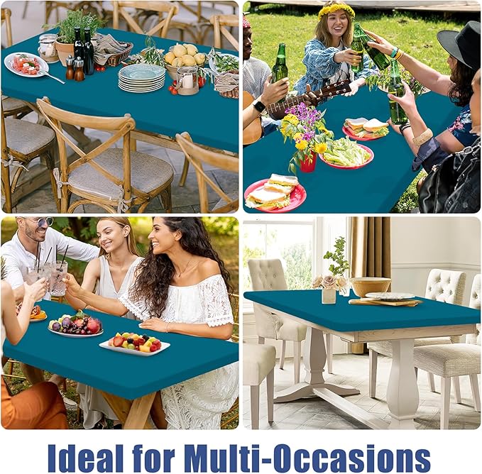 Spandex 8 Foot Rectangle Table Cloth 2 Pack, Elastic Fitted Tablecloths for Picnic, Stretch Washable Patio Table Cover for Outdoor, Camping, Banquet and Parties(Peacock Blue, 30"x96")
