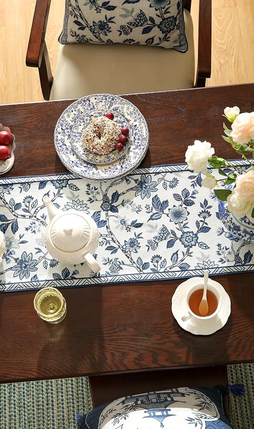 bilin gaier Designer French Linen Extra Long Table Runner, Floral Pattern - Image 8