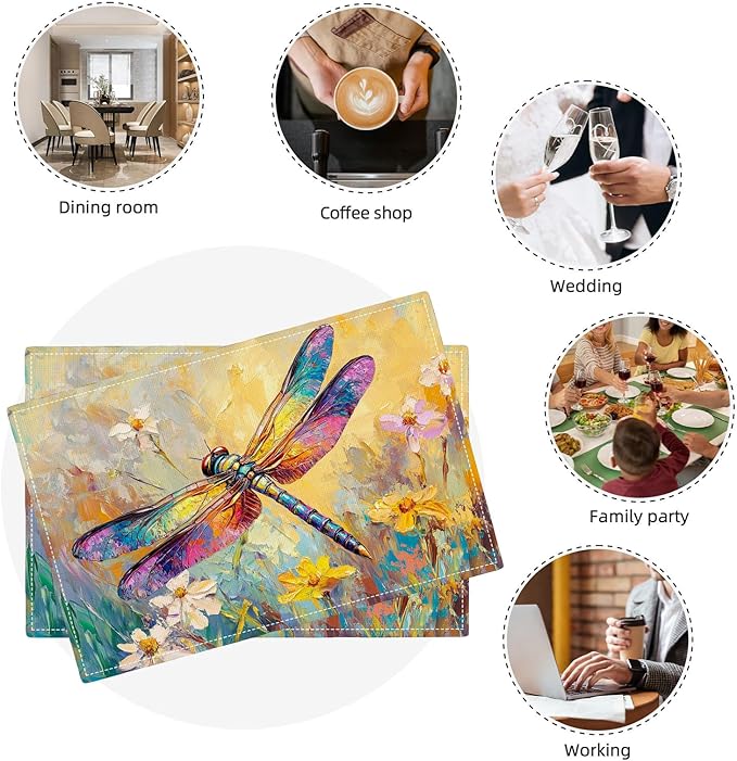 Dragonfly Placemats Set of 4, Dragonfly Flower Table Mats, Floral Washable Place Mats for Coffee Bar Home Party Indoor Kitchen Dining Table Decoration 12x18 Inch
