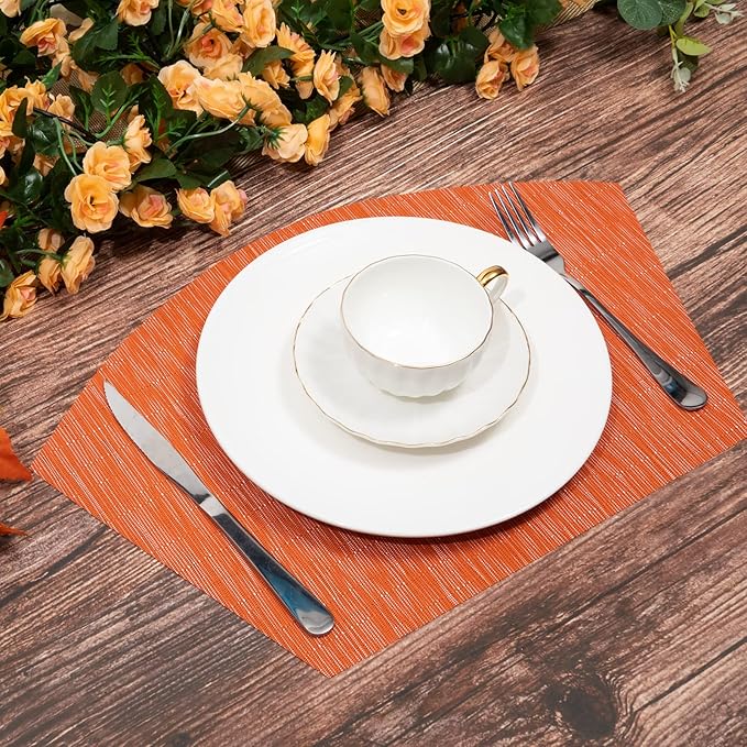 SHACOS Round Table Placemats Set of 5 Woven Vinyl Wedge Placemats with Centerpiece Round Table Mats Heat Resistant Wipe Clean (5, Orange)