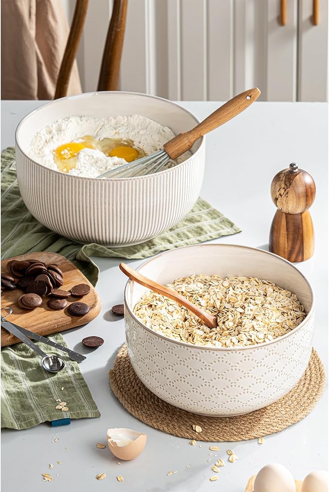 Mikiegy Ceramic Mixing Bowls Set of 2, Nesting Ceramic Embossment Stoneware - Image 5