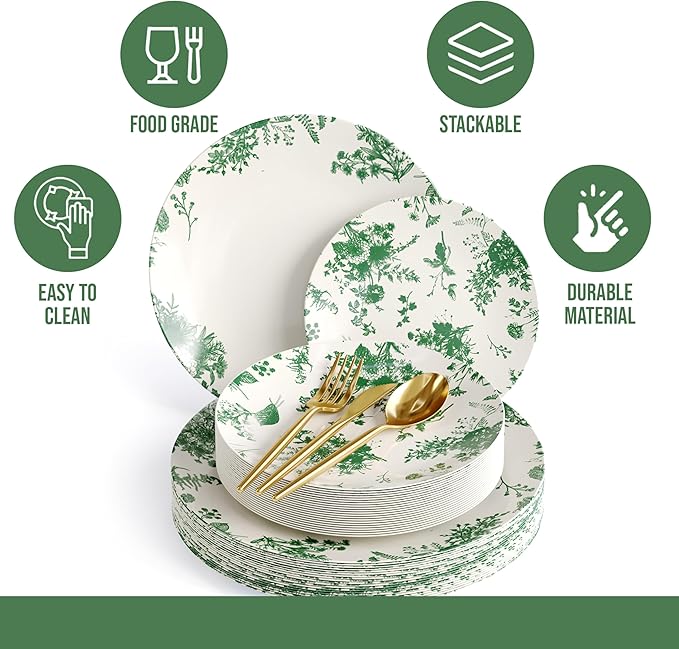 Trendables Fancy Plastic Dinnerware Sets 100 Pc Set 20 Guests Gold Silverware Disposable 20 X 10 Inch Charger Plates 20 X 8 Inch Dessert Plates 20 x Gold Plastic Forks and Spoons Knives In Verdure