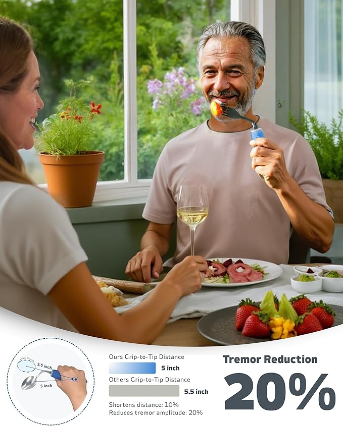 4-Piece Adaptive Utensils Set - 42°Angled Parkinsons Utensils, Weighted Utensils for Tremors and Parkinsons Patients, Blue (Right-Handed)
