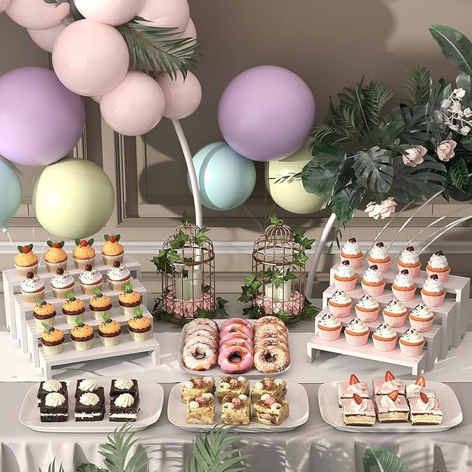 4 Set Large White Wooden Tiered Riser Display Stands for Vendor Events,Stackable Wooden Cupcake Stand,Farmhouse Decor Wood Dessert Table Display Set,Vendor Booth Display Items,Food Display Risers for Party（12-11.2-10.4-9.6IN）