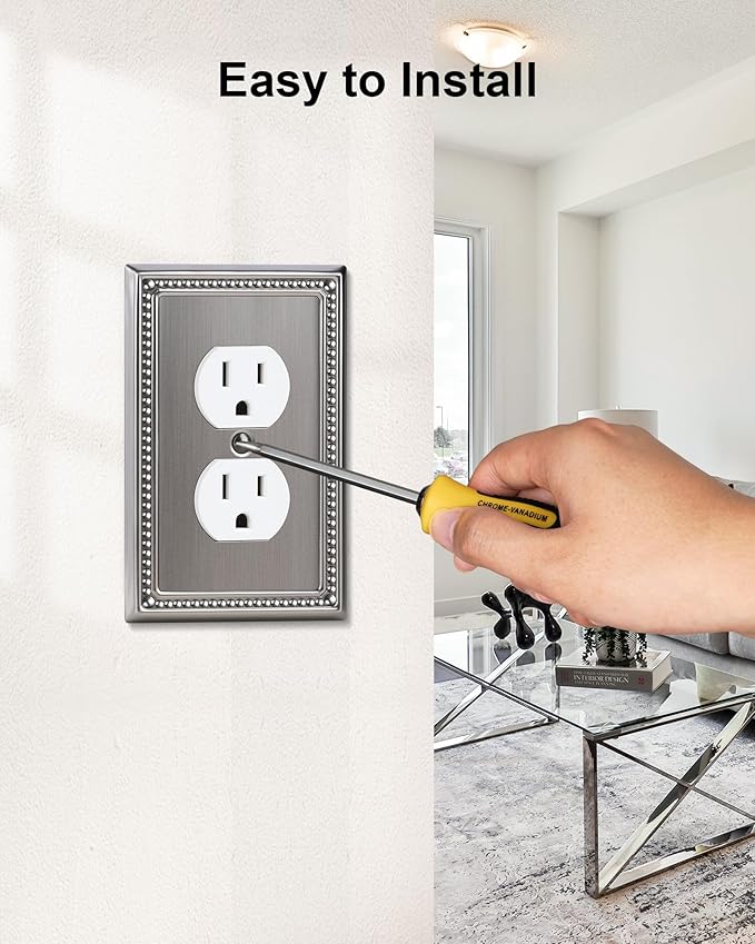 4-Pack Duplex Outlet Cover, Silver Metal Wall Plates for Electrical Outlets, 1 Gang Receptacle Light Switch Cover, Pearls Beaded Decorative Switch Plates and Outlet Covers
