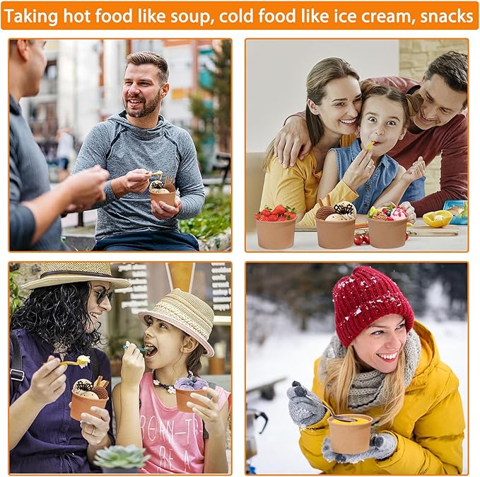 DI QIU REN 8oz Paper Soup Container Cup with Vented Lids, Disposable Paper Food Container Kraft Dessert Bowl Soup Bowls, Microwavable and Freezer Safe for Hot Soup, Ice Cream (50 Pcs - Kraft, 8 oz)