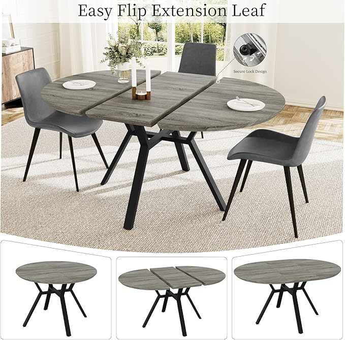 Extendable Round Dining Table Set for 4-6 People, 43.3"-59.1" Extendable Kitchen Table with 4 Upholstered Chairs, Space Saving for Kitchen Dining Room (Grey Table+4 Grey Chairs)