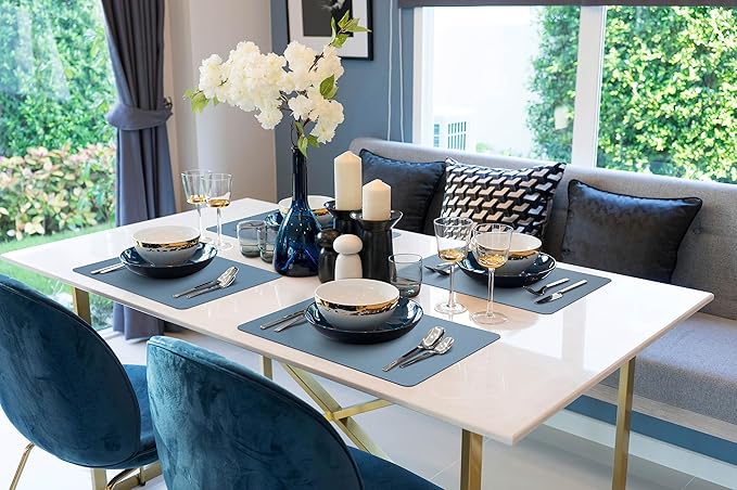 More Décor Faux Leather Placemats Set of 4 for Dining Table – Waterproof, Wipeable, Washable, Stain & Heat Resistant, Non-Slip Table Mats – 12 X 17 Inch, (Solid Blue, 4)