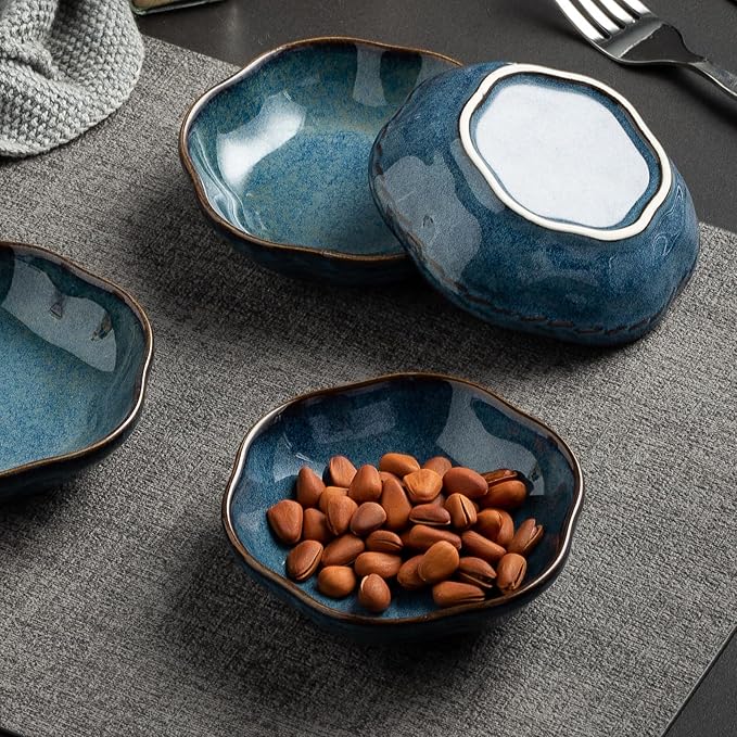 4.4Oz Kiln-Changed Dipping Bowls, 4.3 Inches Ceramic Flower-Shaped Soy Sauce Dishes, Small Appetizer/Side Plates Set of 4 (blue)