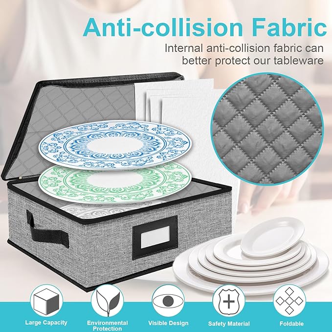 Quilted Platter Storage Case-Fine China Storage Containers Hard Shell for Organizing,Stackable Plate Storage Containers with 4 Felt Dividers,dinnerware Storage,Moving Box,Moving Supplies