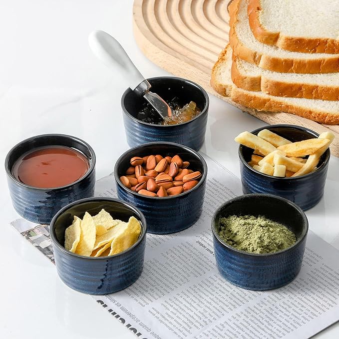 Ceramic 4 oz Ramekins,Small Souffle Dishes Set of 6, Mini Baking Bowls for Kitchen, Porcelain Dipping Sauce Cups for Creme Brulee, Pudding, Ice Cream, Lava Cakes, Microwave & Oven Safe, Blue