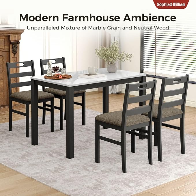 Sophia & William 5 Piece Dining Table Set for 4, Faux Marble Kitchen Table and Chairs Set, Solid Wood Farmhouse Dinner Table Set,Venatino White Marble & Black