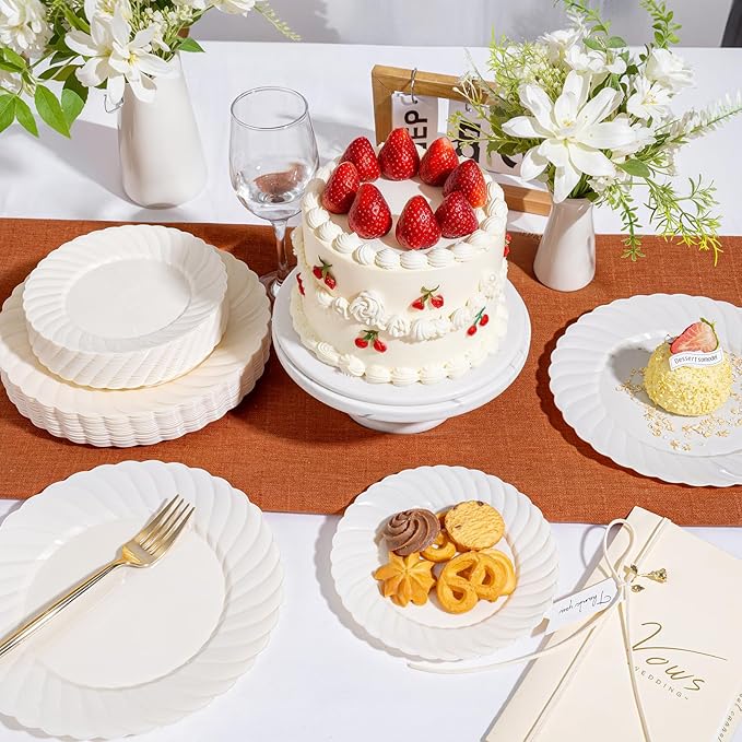 U-QE 100 Count 6 Inch Ivory Plastic Plates - Scalloped Dessert Plates Disposable - Premium Fancy Disposable Heavy Duty Party Supplies for Valentine's Day, Celebrations, Weddings and Events