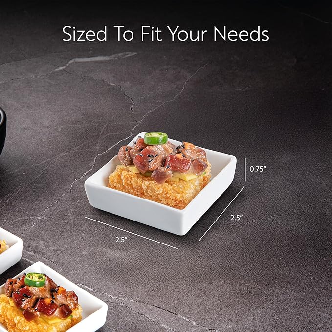 Restaurantware 2.5 Inch Mini Dishes 10 Oven-Safe Square Sauce Dishes - Microwave-Safe Serve Appetizers Desserts or Condiments White Porcelain Tasting Plates For Samples or Individual Portions