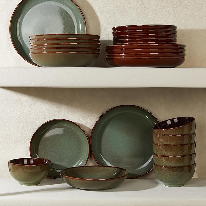 24 Piece Double Bowl Dinnerware Sets with Pasta Bowls, Highly Chip and Crack Resistant Plates and Bowls Sets, Natural Earthyware Ceramic Dishware Sets, Service for 6 Sage Green
