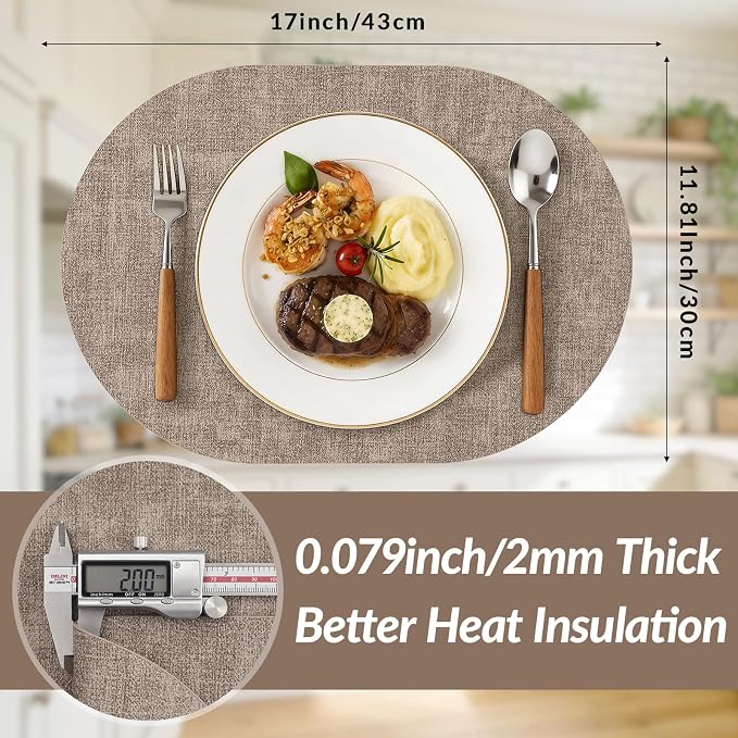 Placemats Set of 4, 11.8 x 17 Inch, Light Brown | Heat Resistant Oval Faux - Image 3