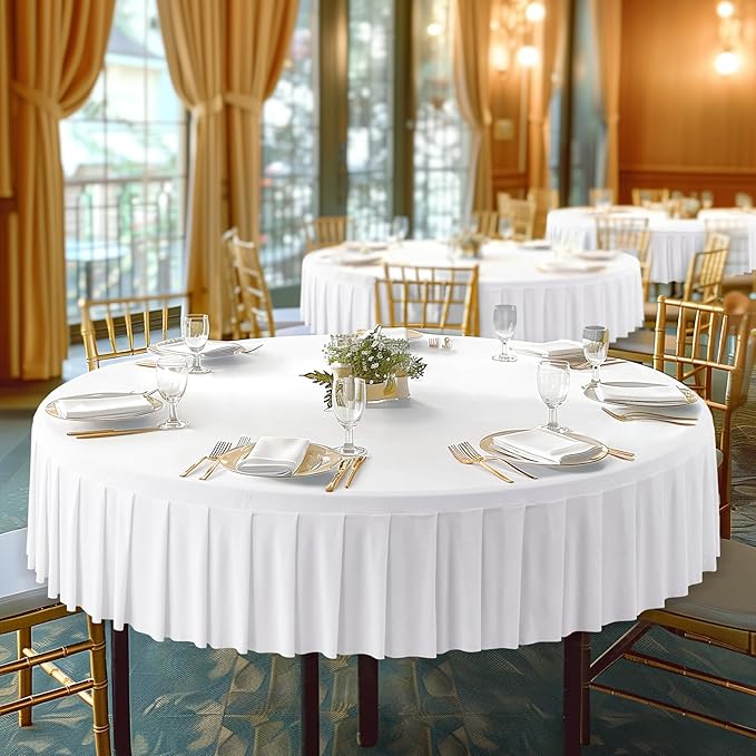 2 Pack White Spandex Round Tablecloths for 72in Tables, Stretchy Fitted 6FT Round Table Cloths, Wrinkle Free Table Cover with Skirt for Wedding Birthday Party Bridal Shower Banquet